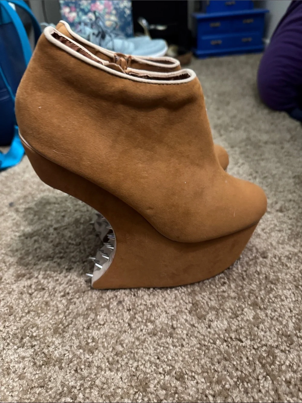 Bumper Tan Suede Wedge Ankle Boots with Sculptural Studded Spiked Cutout Heel